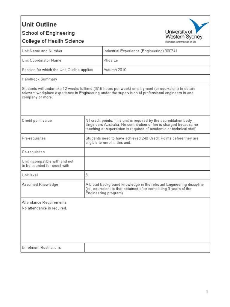 Unit Outline: School of Engineering College of Health Science | PDF