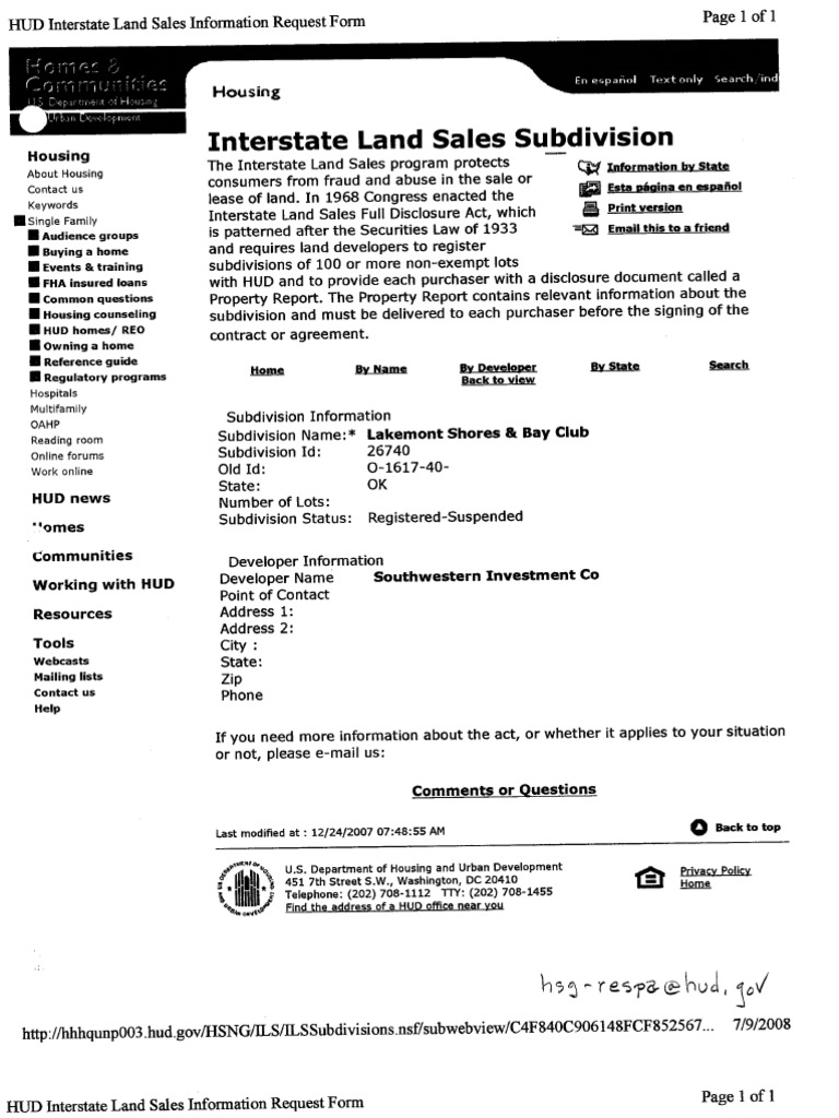 HUD interstate land sales subdivisions United States Department Of