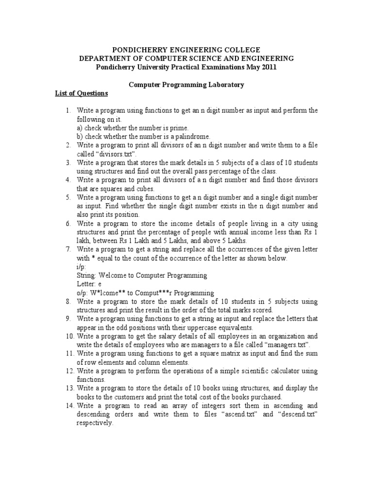 CSE Practical Exam Questions 2011 | PDF