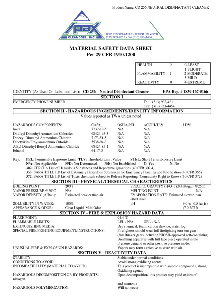 CD 256 Neutral Disinfectant Cleaner MSDS Chemical Substances Chemistry