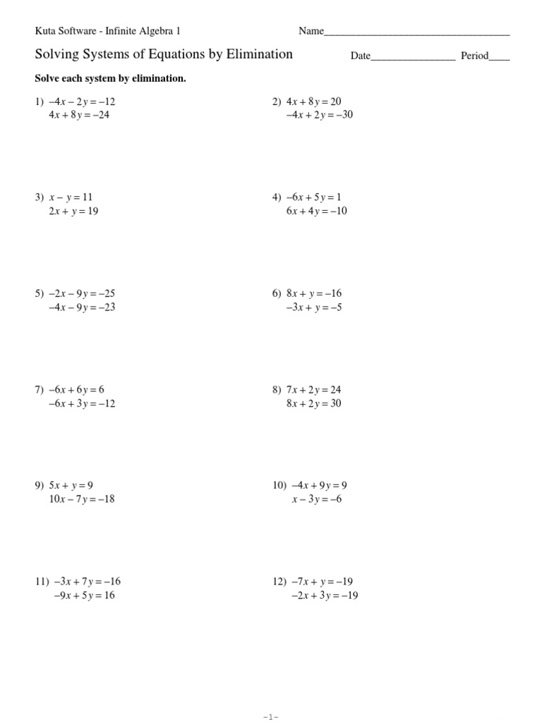 Systems Of Equations Elimination Kuta Software Equations Algebra
