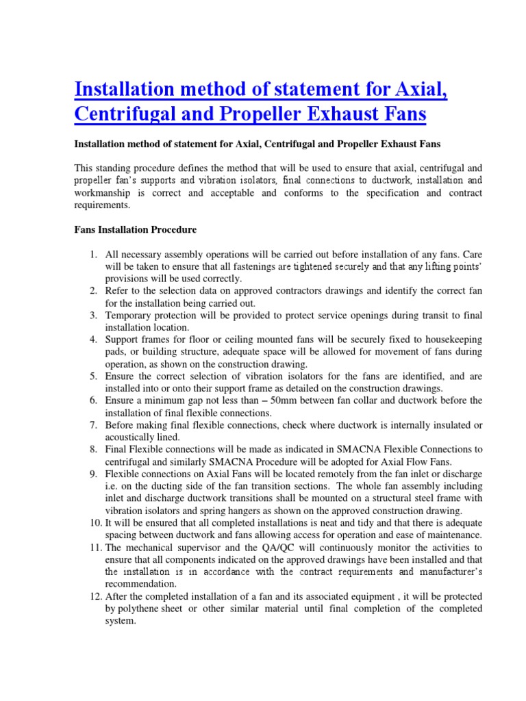 Exhaust Fan Installation Method Statement | PDF | Duct (Flow ...
