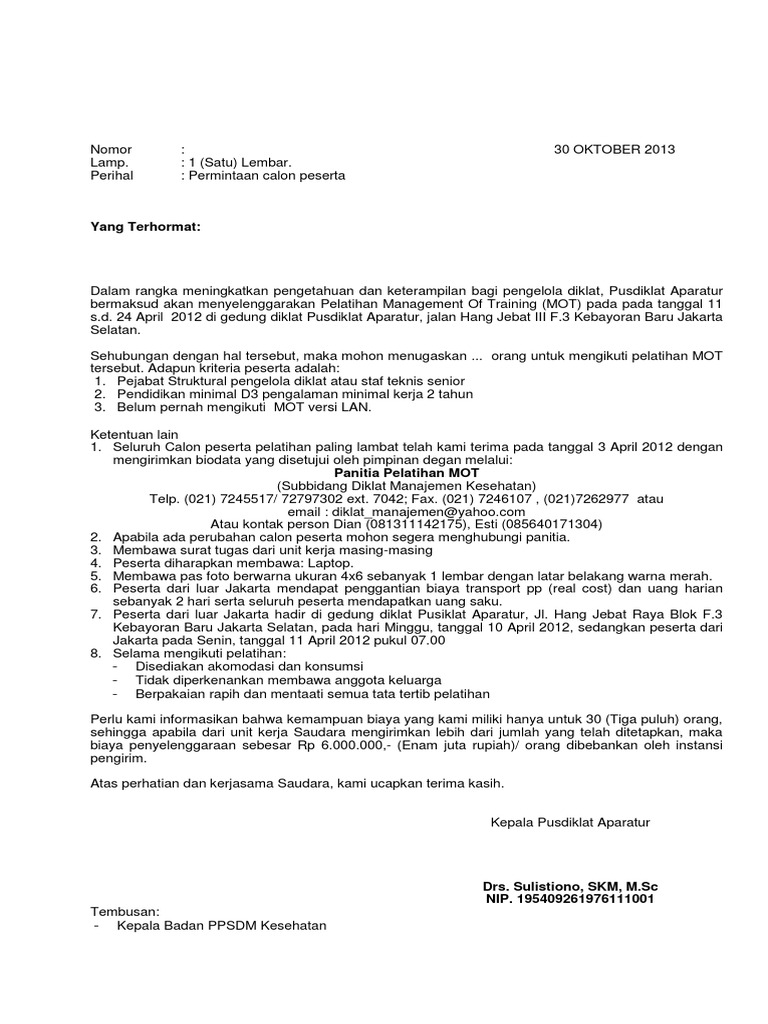Contoh Surat Pemanggilan Peserta Diklat Mot