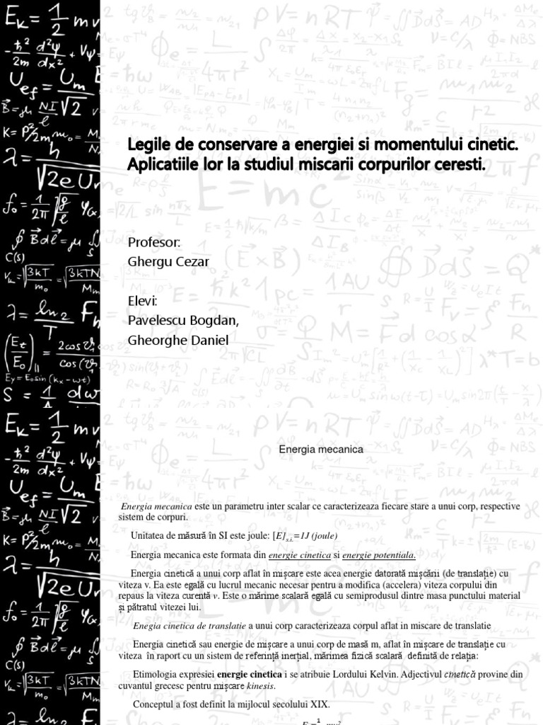 Legile De Conservare A Energiei Si Momentului Cinetic