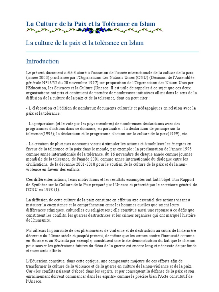 Culture de la paix en Islam | PDF | Tolérance | Coran