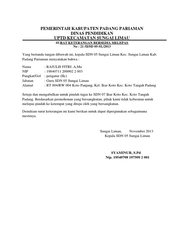 Contoh Surat Rekomendasi Pindah Tugas Pns - Aneka Macam Contoh