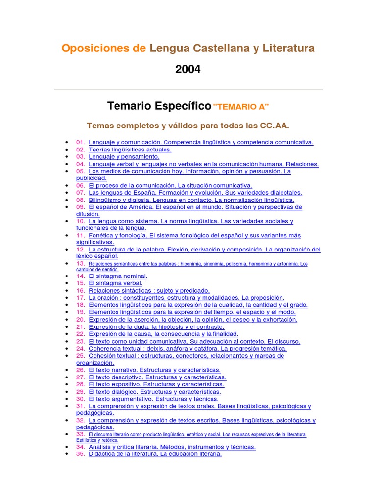 Lengua Castellana y Literatura, Temario Secundaria