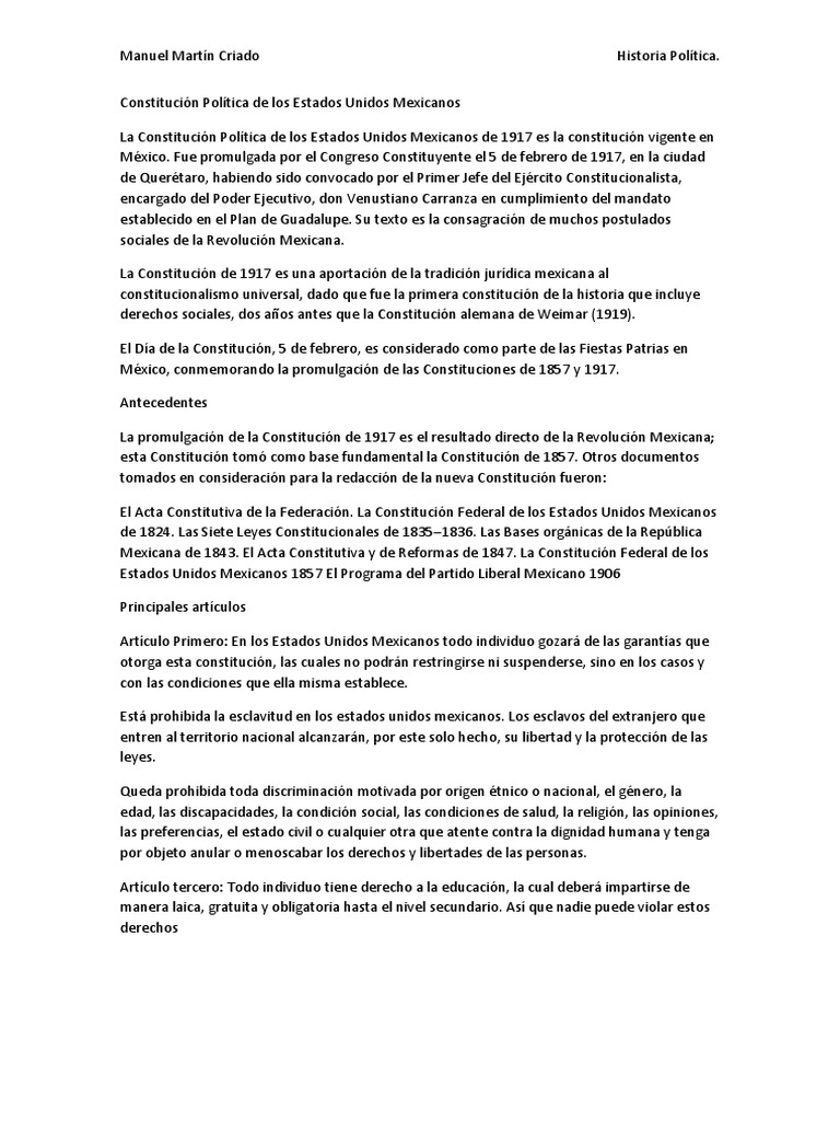 Constitución Política de México 1917 | PDF | Constitución | México