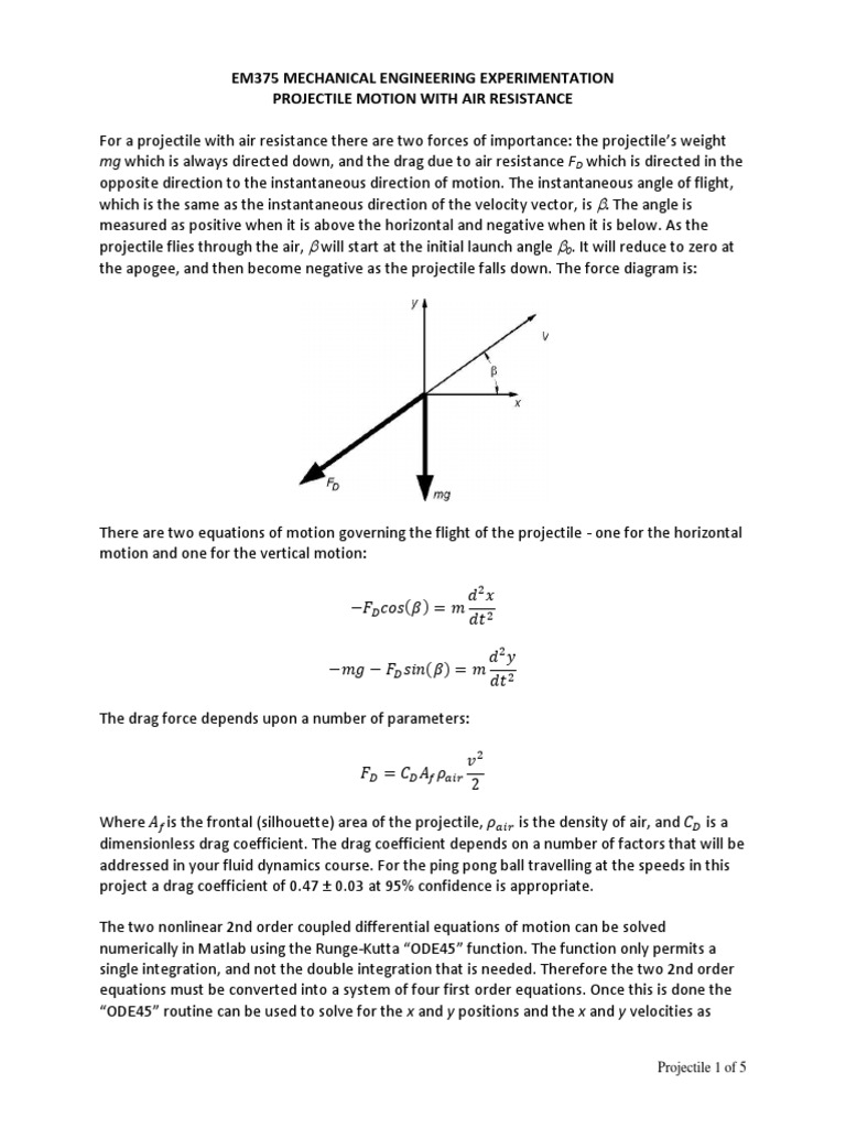 Projectile Motion With Air Resistance Drag (Physics) Equations Of