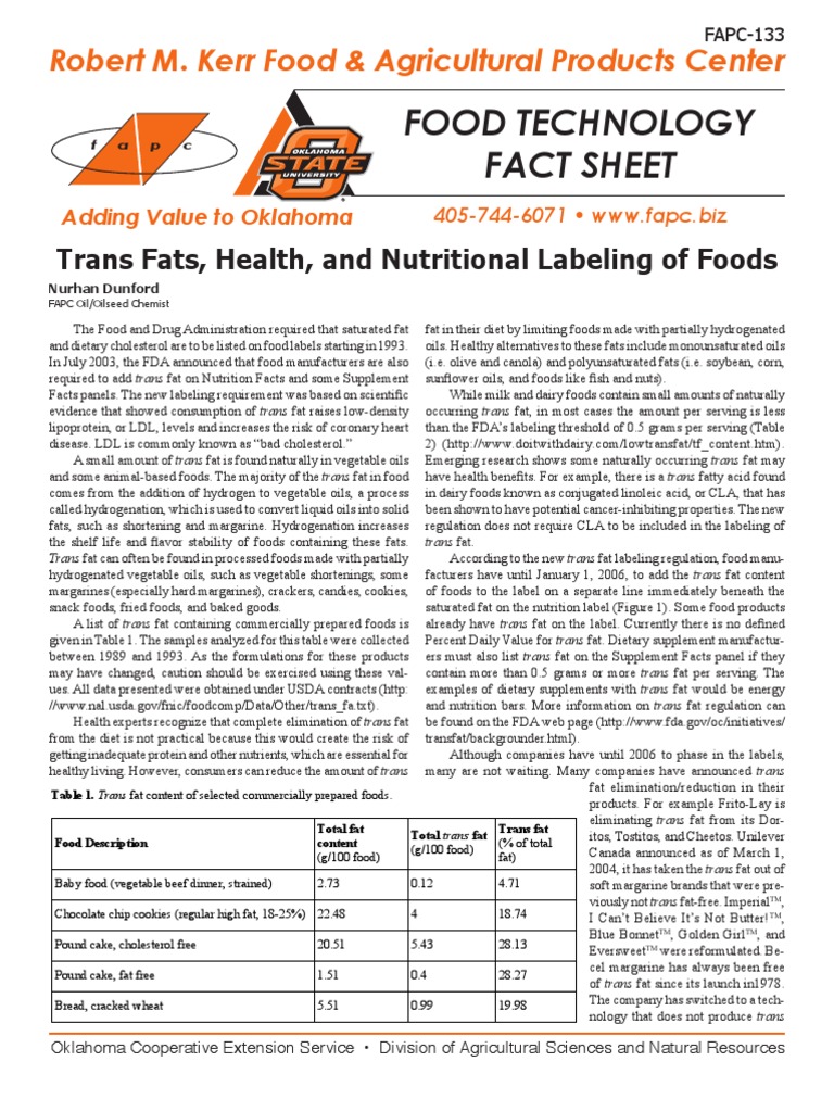 Trans Fats Health and Nutritional Labeling of Foods PDF Trans Fat