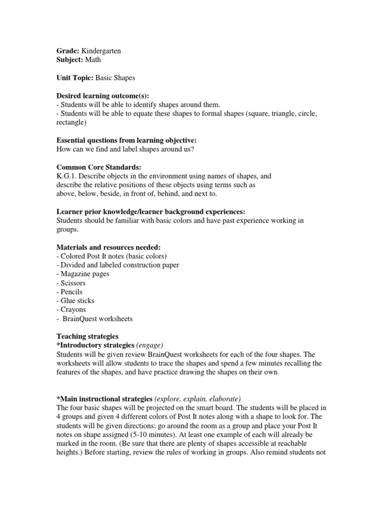 Kindergarten Shapes Lesson Plan | PDF | Sharing | Lesson Plan