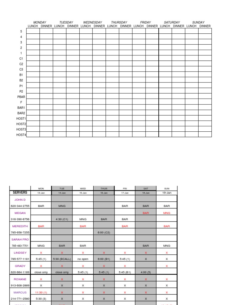 Weekly Dining Schedule and Staff Roster | PDF