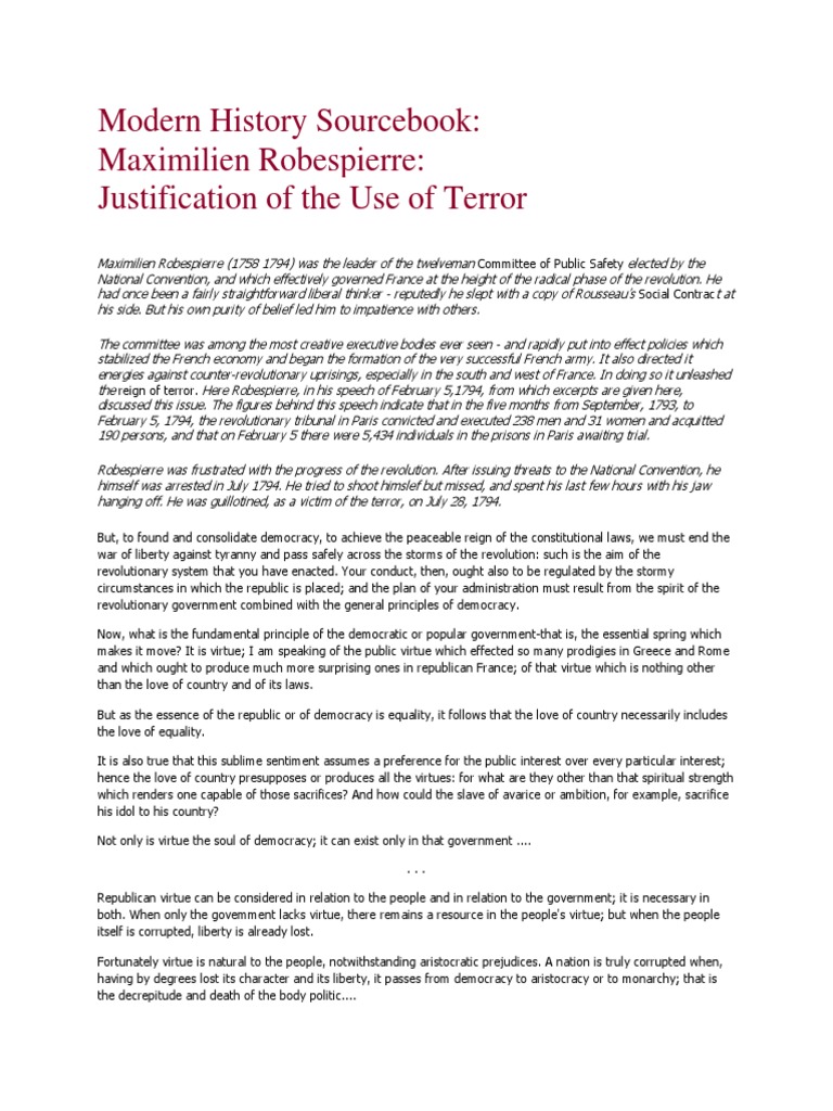 Justification of The Use of Terror, Robespierre PDF Maximilien