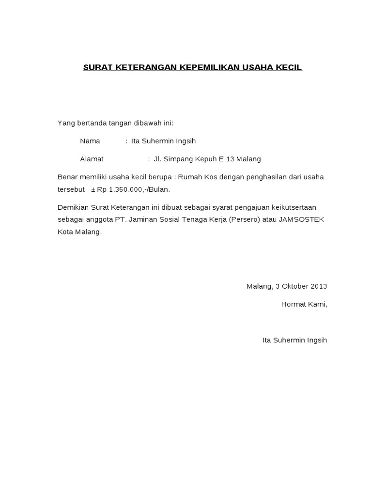 Surat Keterangan Kepemilikan Usaha Kecil