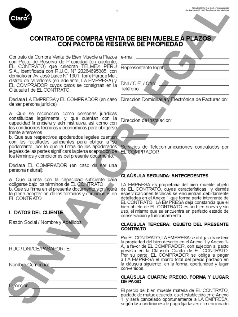 Contrato Compra Venta Bien Mueble Plazos Pacto Reserva Propiedad