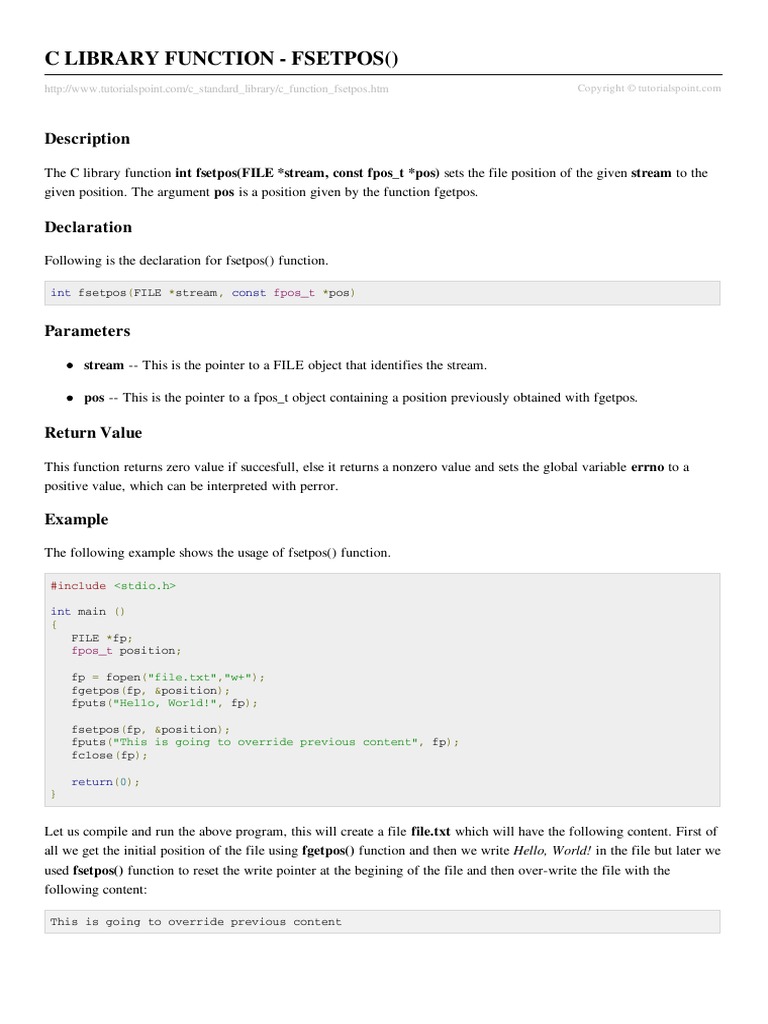 C Library Function - Fsetpos : Description | PDF