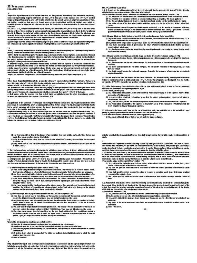 2013-2011 Bar - Exam Q.civiL 2 (Except 2013, Oblicon Only) | PDF | Politics