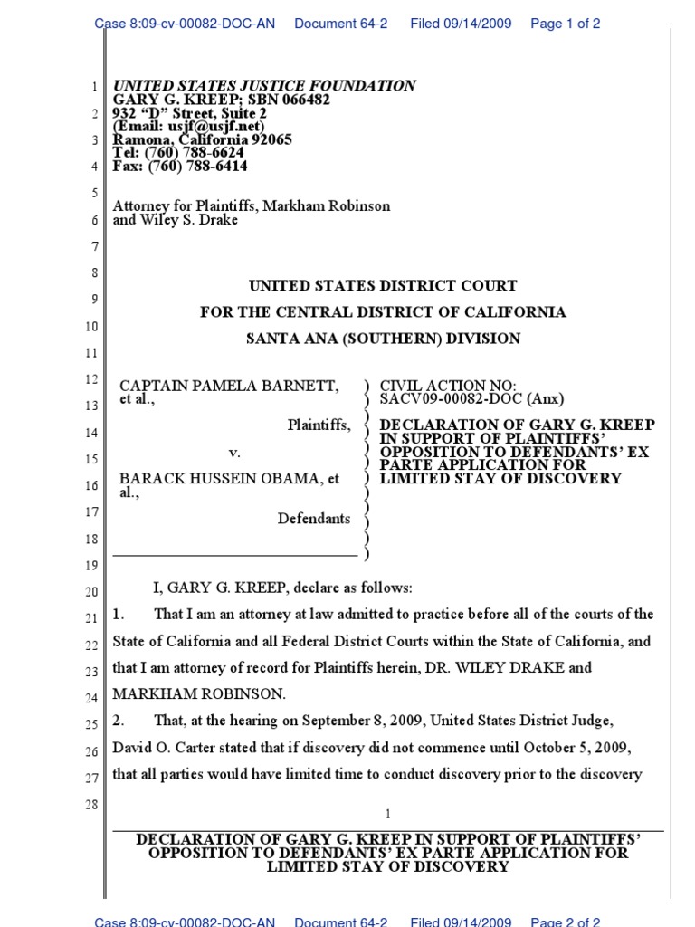 Kreep's Declaration Against Discovery Stay | PDF