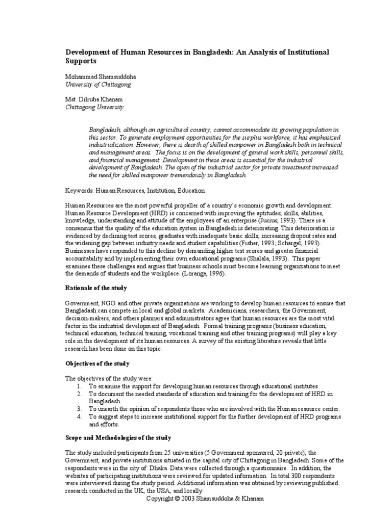 Development of Human Resources in Bangladesh An Analysis of ...