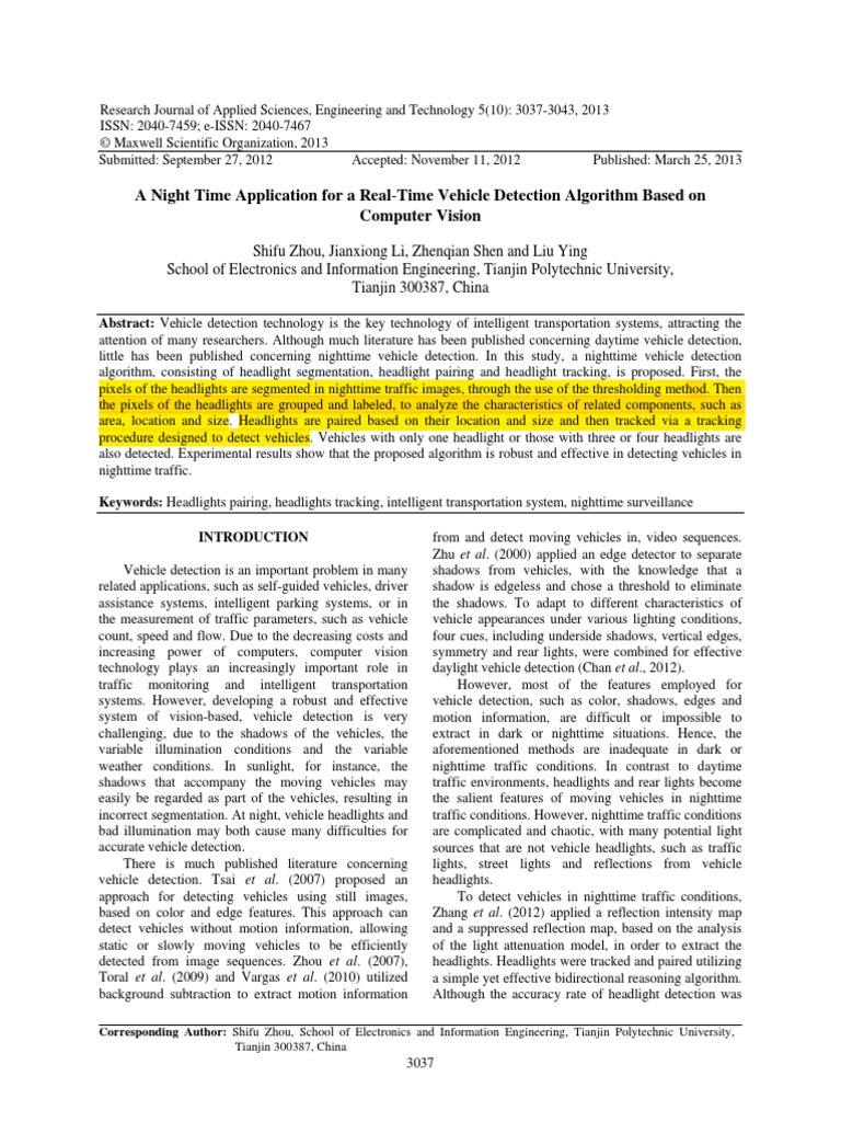 A Night Time Application For A Real-Time Vehicle Detection Algorithm ...