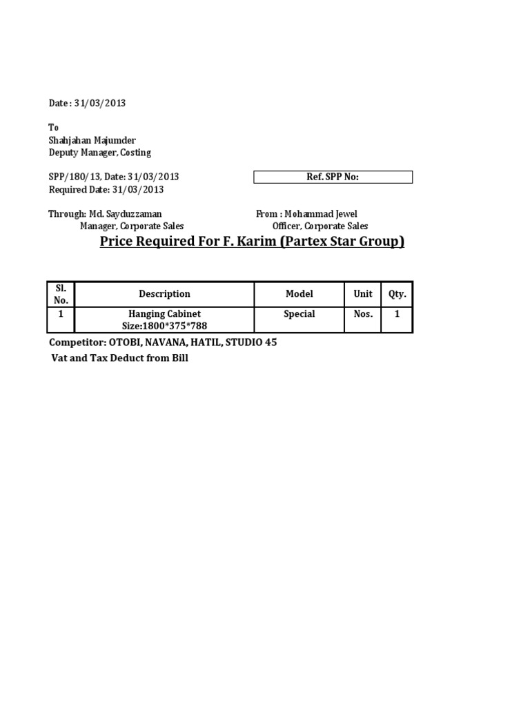 Partex Cabinet Pricing Request | PDF | Business
