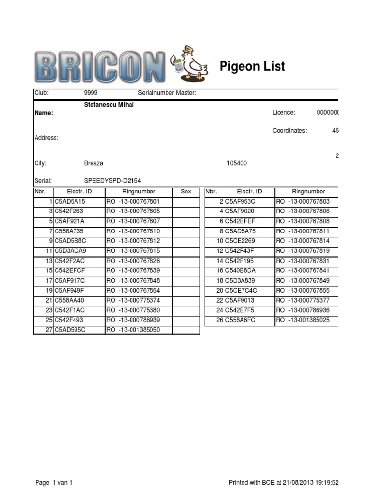 Pigeon List and Identification Data | PDF | Computers