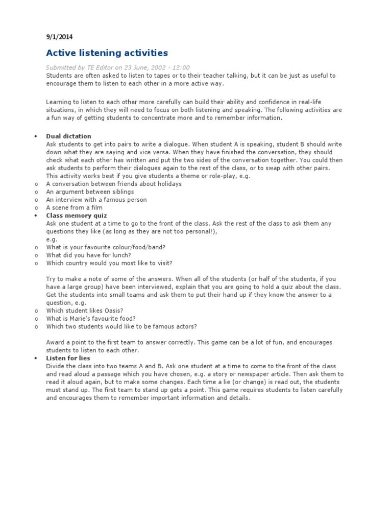 Active Listening Activities for Students | PDF | Reading Comprehension ...