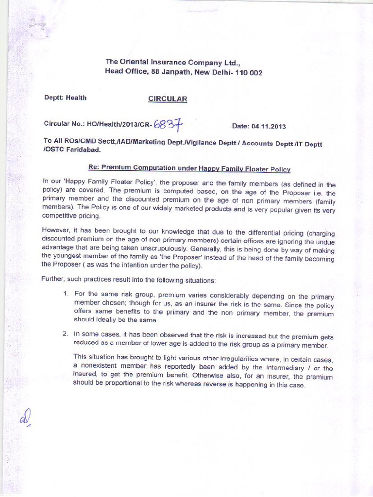 Oriental Happy Family Floater Insurance Change of