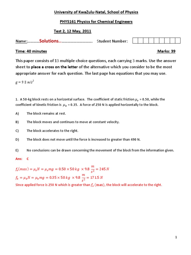 Physics Test Solutions for Engineers | PDF | Force | Mass