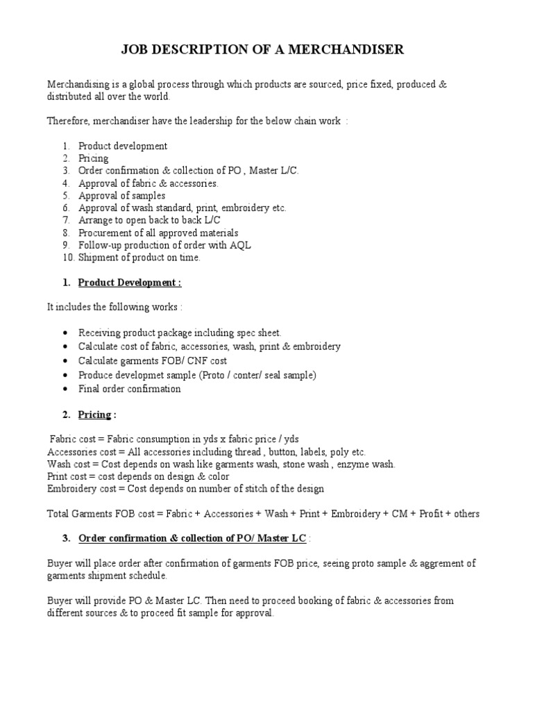Job Description of a Merchandiser Industries Production And