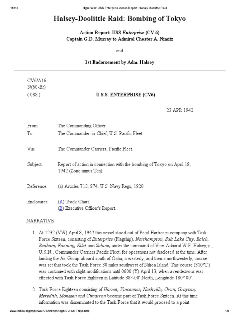 1942418 CV6 USS Enterprise Action Report, Halsey Doolittle Raid