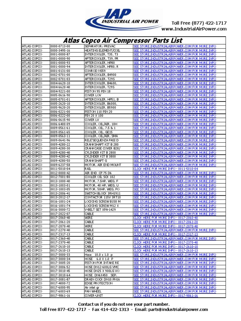 Atlas Copco Air Compressor Parts Catalog Screw Tools