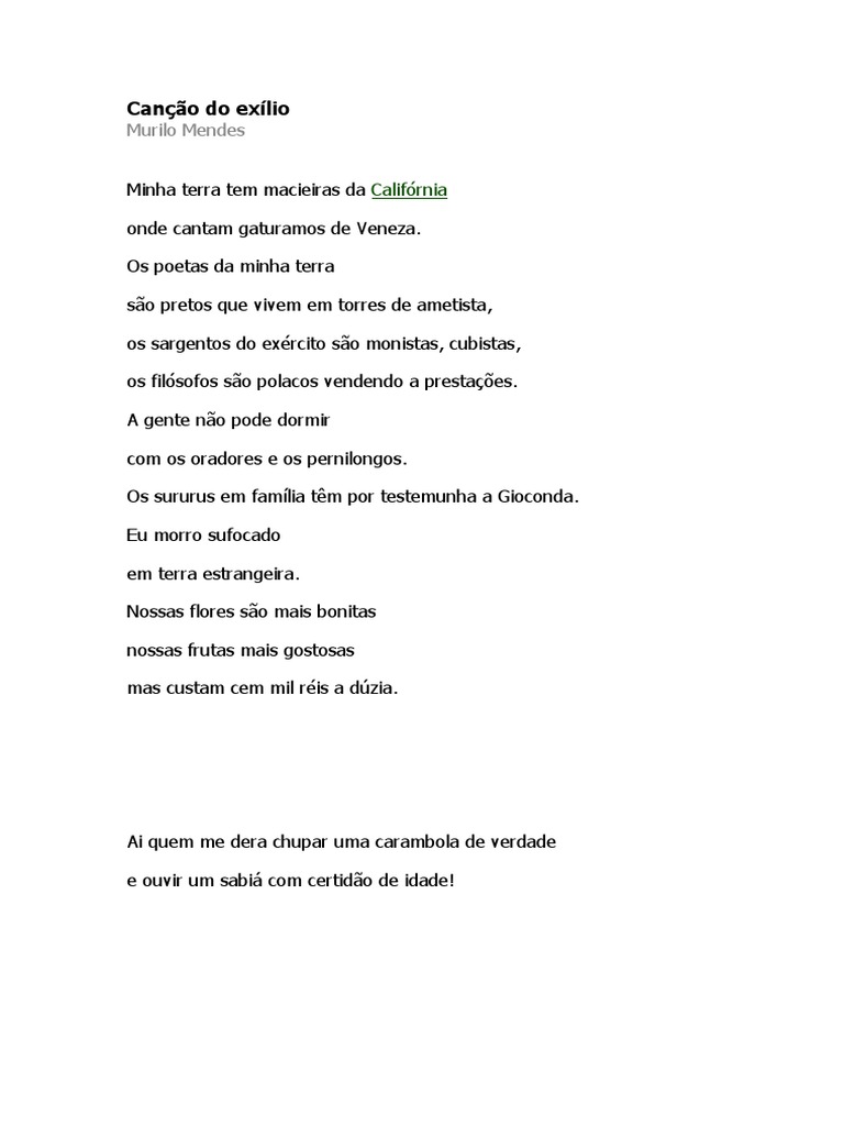Canção do Exílio: Análise de Murilo Mendes | PDF | Poesia | Clássicos