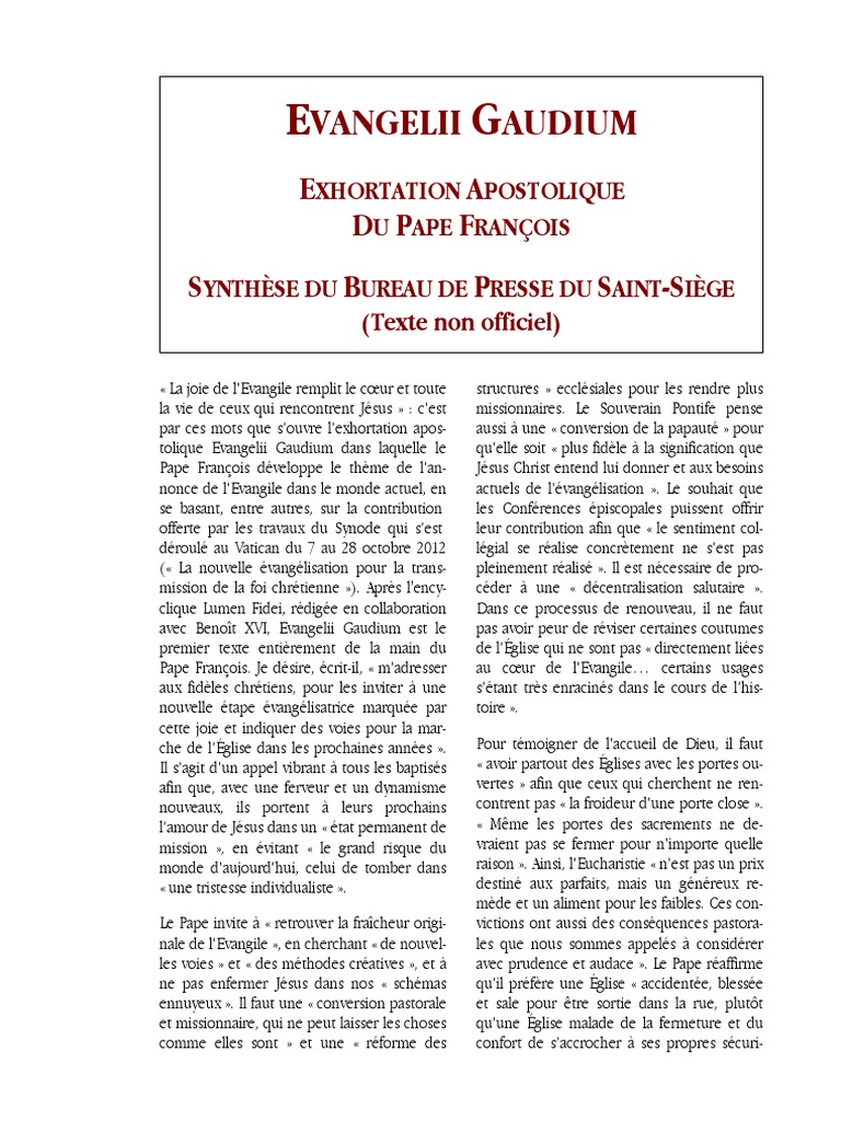 De Evangelii Gaudium Résumé | PDF | François (pape) | Évangélisme