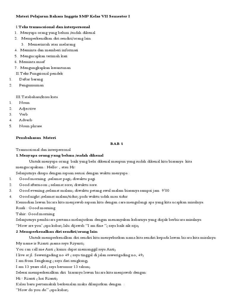 Materi Pelajaran Bahasa Inggris Smp Kelas Vii Semester I