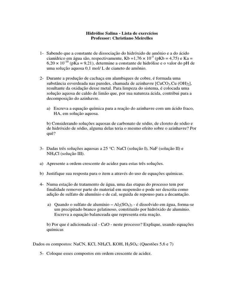 Exercícios de Hidrólise Salina | PDF | Ácido | Hidrólise