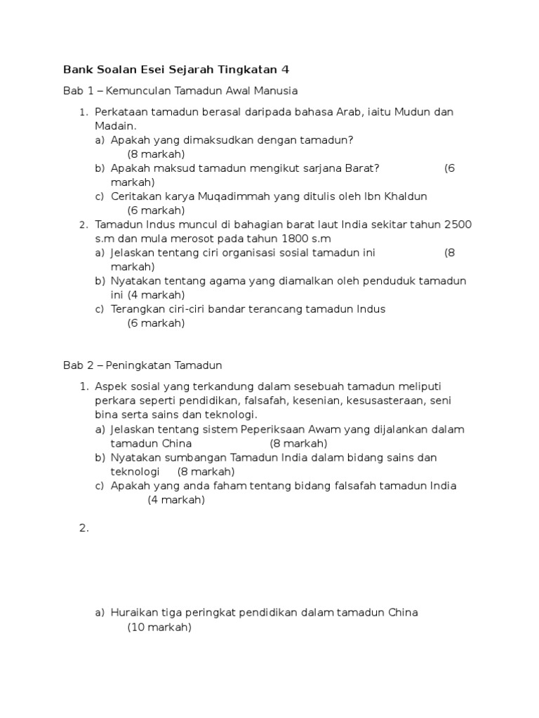 Contoh Soalan Esei Sejarah Tingkatan 2