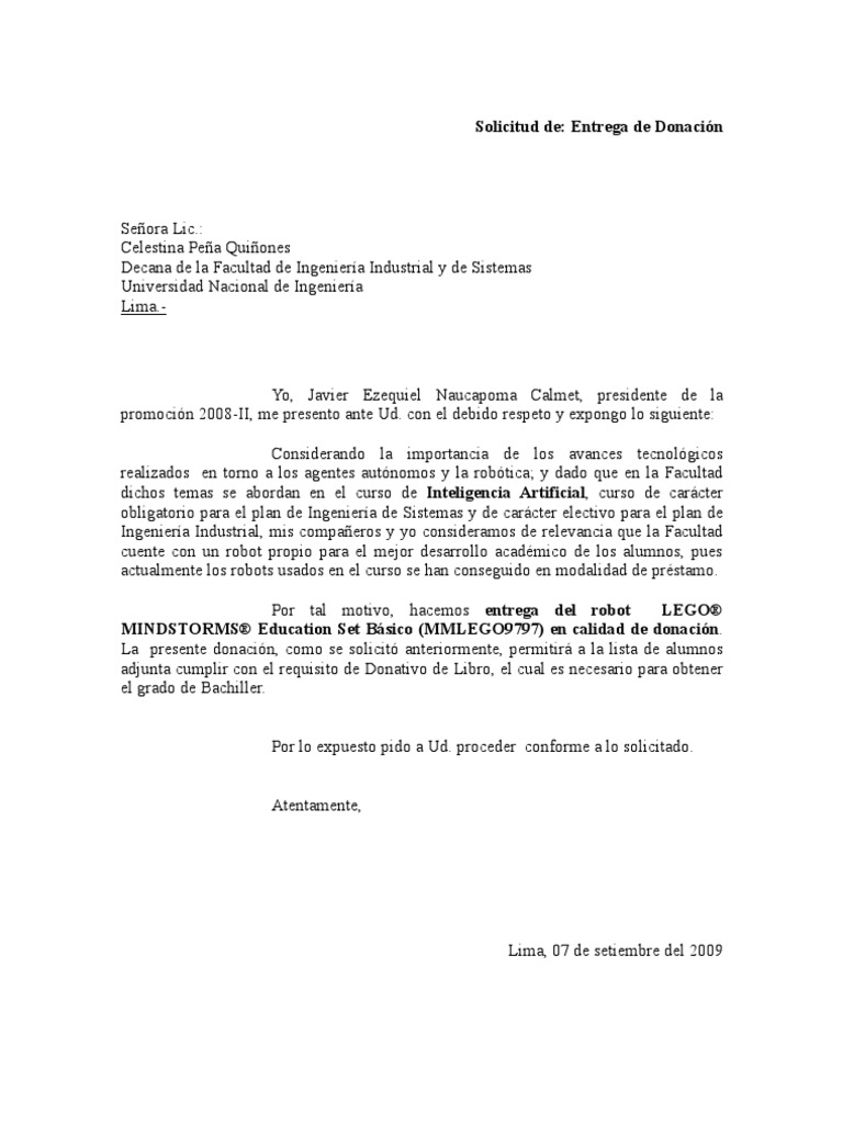 Carta Entrega De Donacion