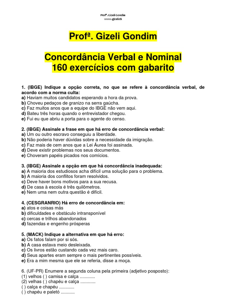 Exercícios de Concordância Verbal e Nominal | PDF | João Calvino | Humano