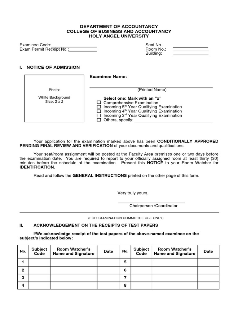 Notice of Admission Form Test (Assessment) Government