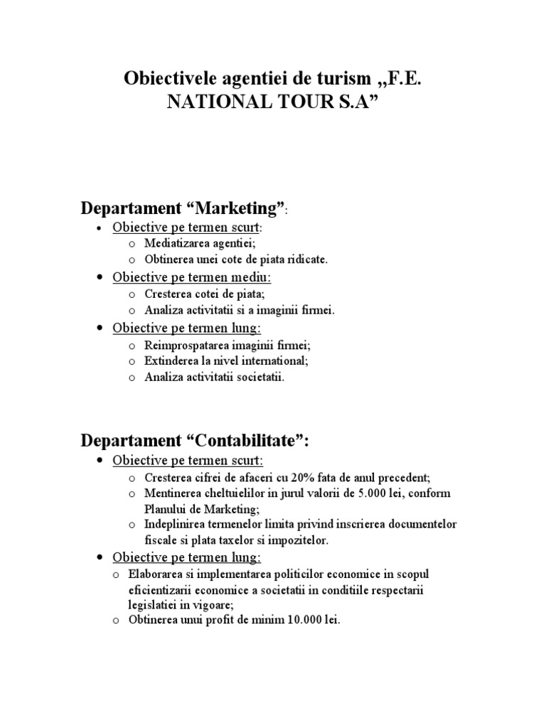 Obiectivele Agentiei De Turism Pdf