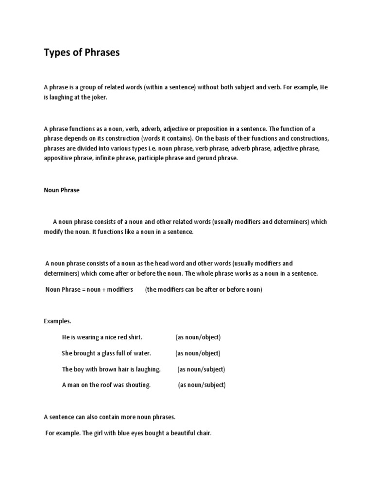 Types of Phrases: Noun Phrase | PDF | Language Arts & Discipline