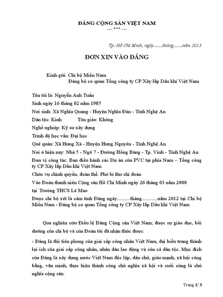 đơn xin vào đảng | PDF