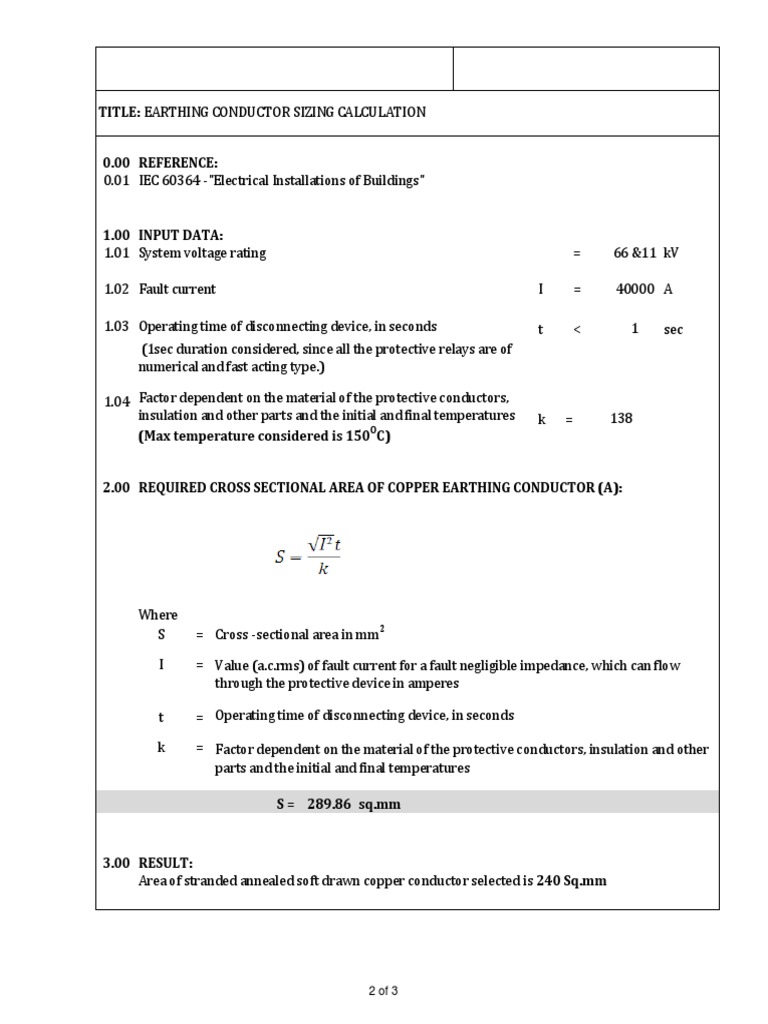 Earthing Conductor Size Calculation | PDF | Electrical Conductor ...
