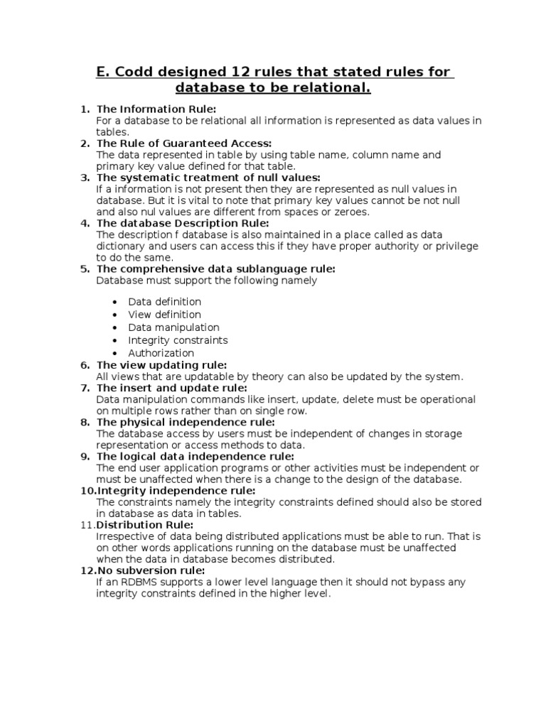 Codd's 12 Rules for Relational Databases | PDF