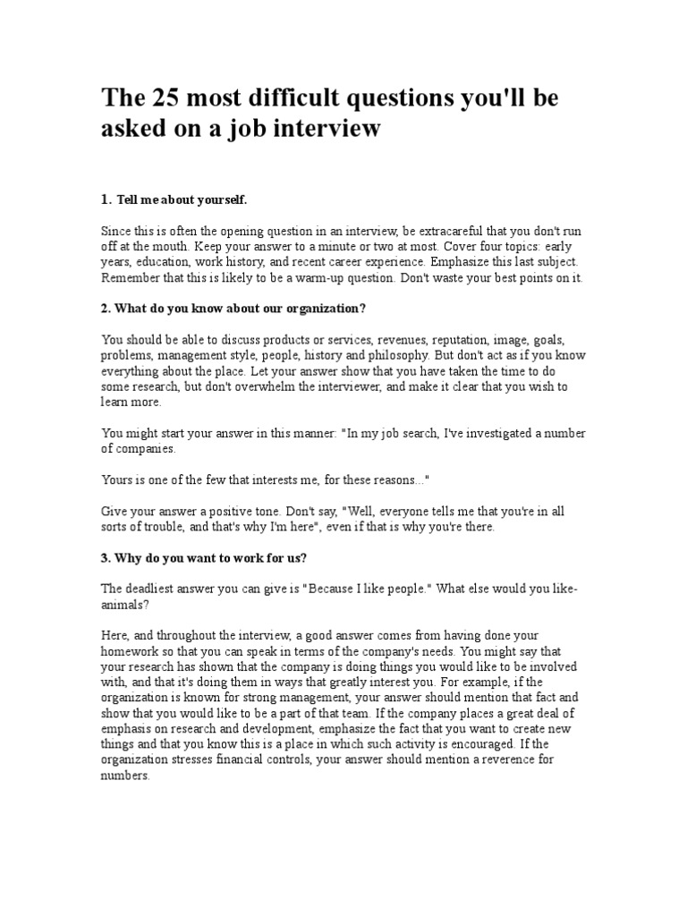 The 25 Most Difficult Questions You PDF Question Employment