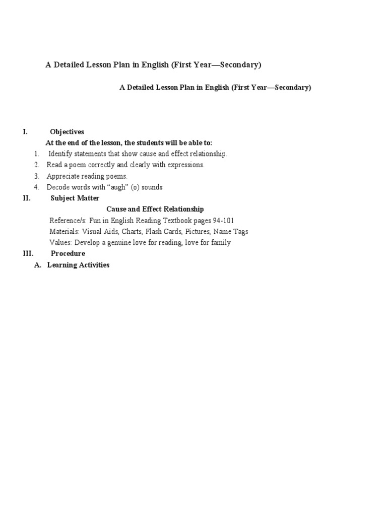 A Detailed Lesson Plan in English (First Year—Secondary) | Lesson Plan
