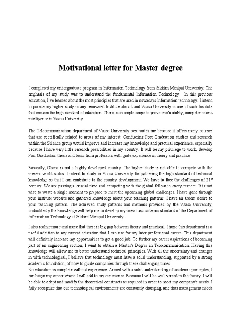 sample motivation letter for masters degree in education