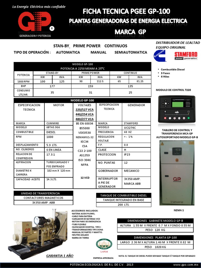 Ficha Tecnica Planta de Emergencia Marca Gp Modelo Gp100