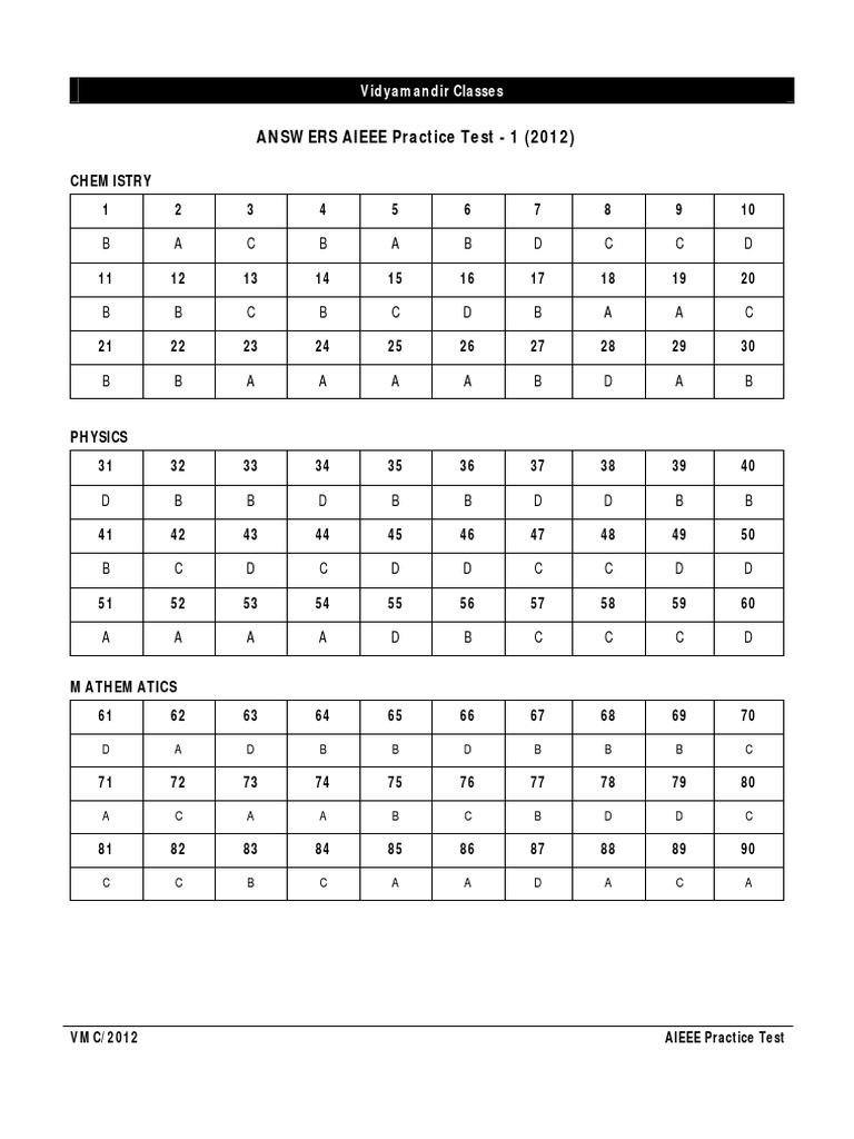 AIEEE Mock Test Answers 2012 | PDF | Technology & Engineering